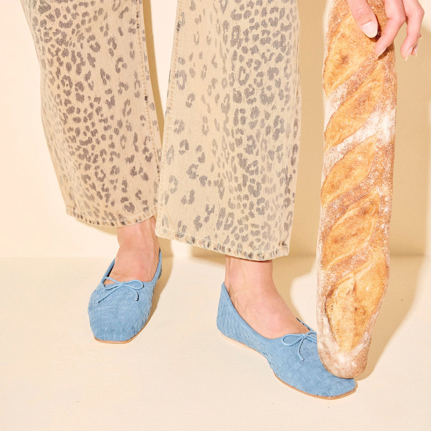 Blue Woven Faux Suede Square-Toe Front Bow Ballet Flats