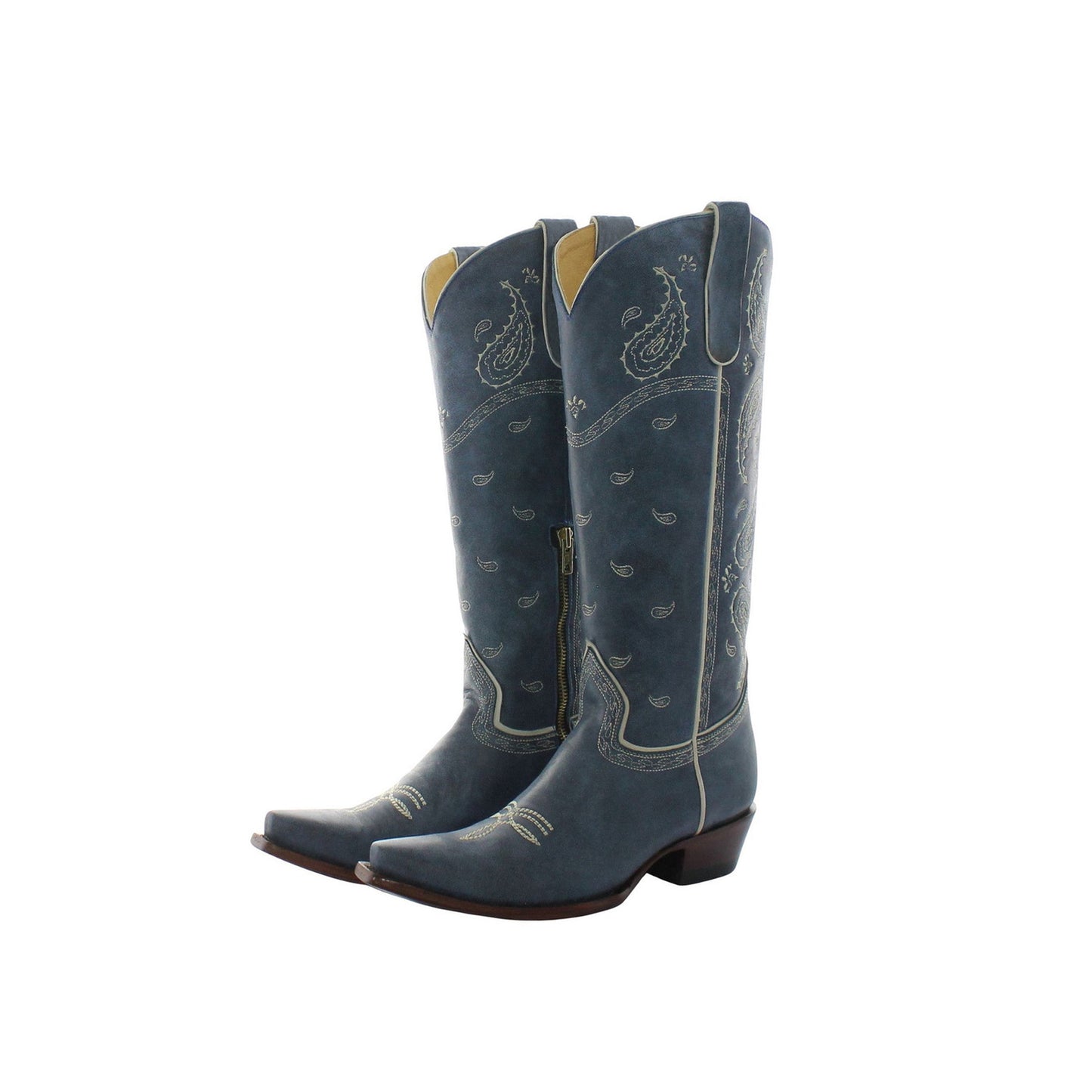 Blue Snip-Toe Paisley Embroidery Half-Zip Knee High Cowgirl Boots