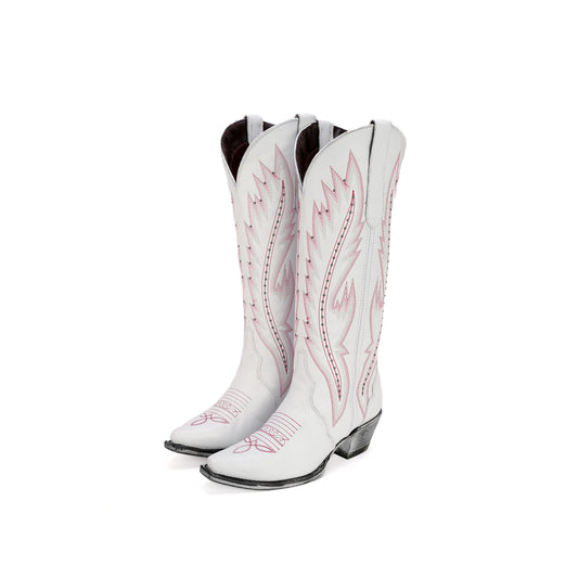 White Snip-Toe Studs And Embroidery Wide Calf Knee High Cowgirl Boots
