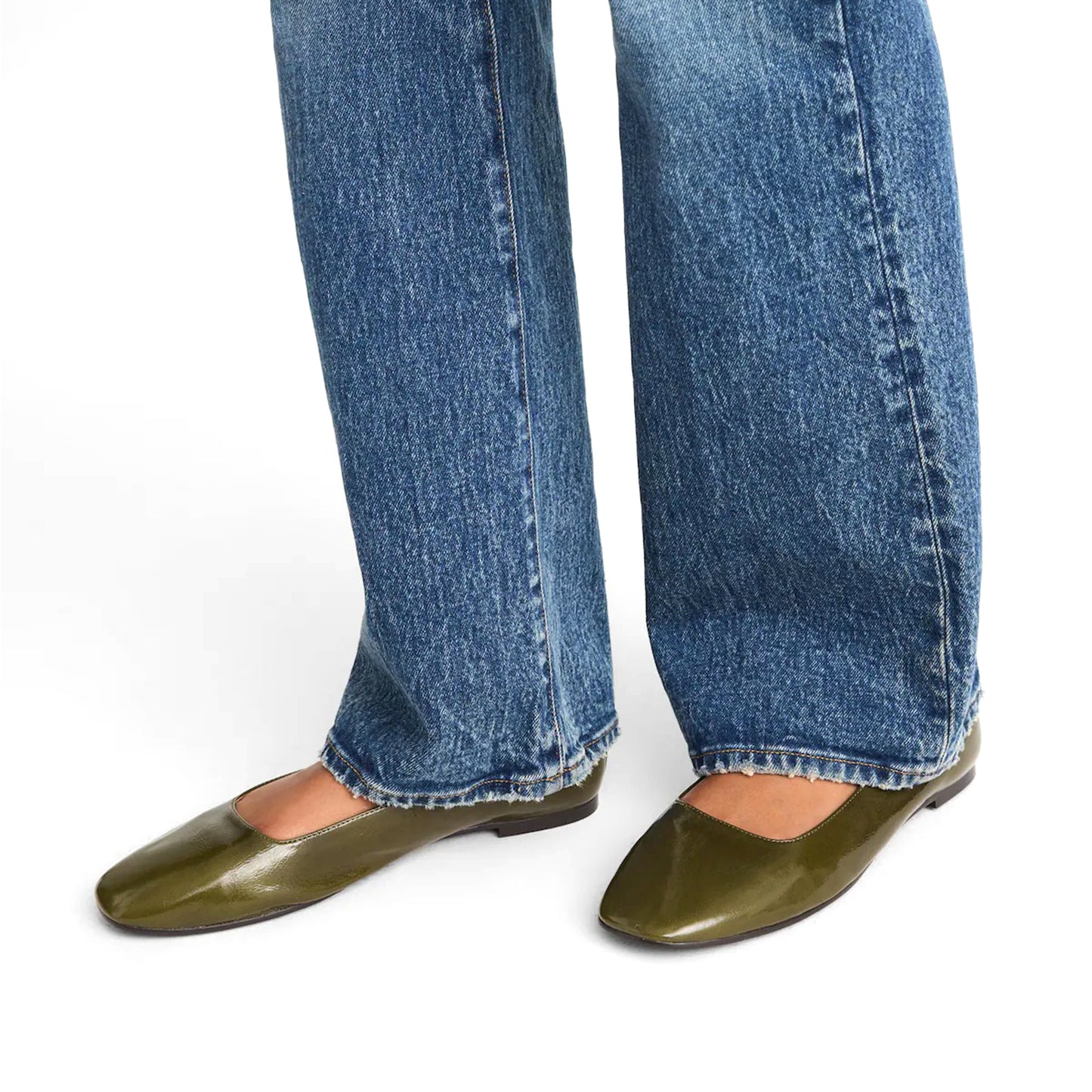 Green Patent Leather Square-Toe Bridge Strap Slip-On Flats