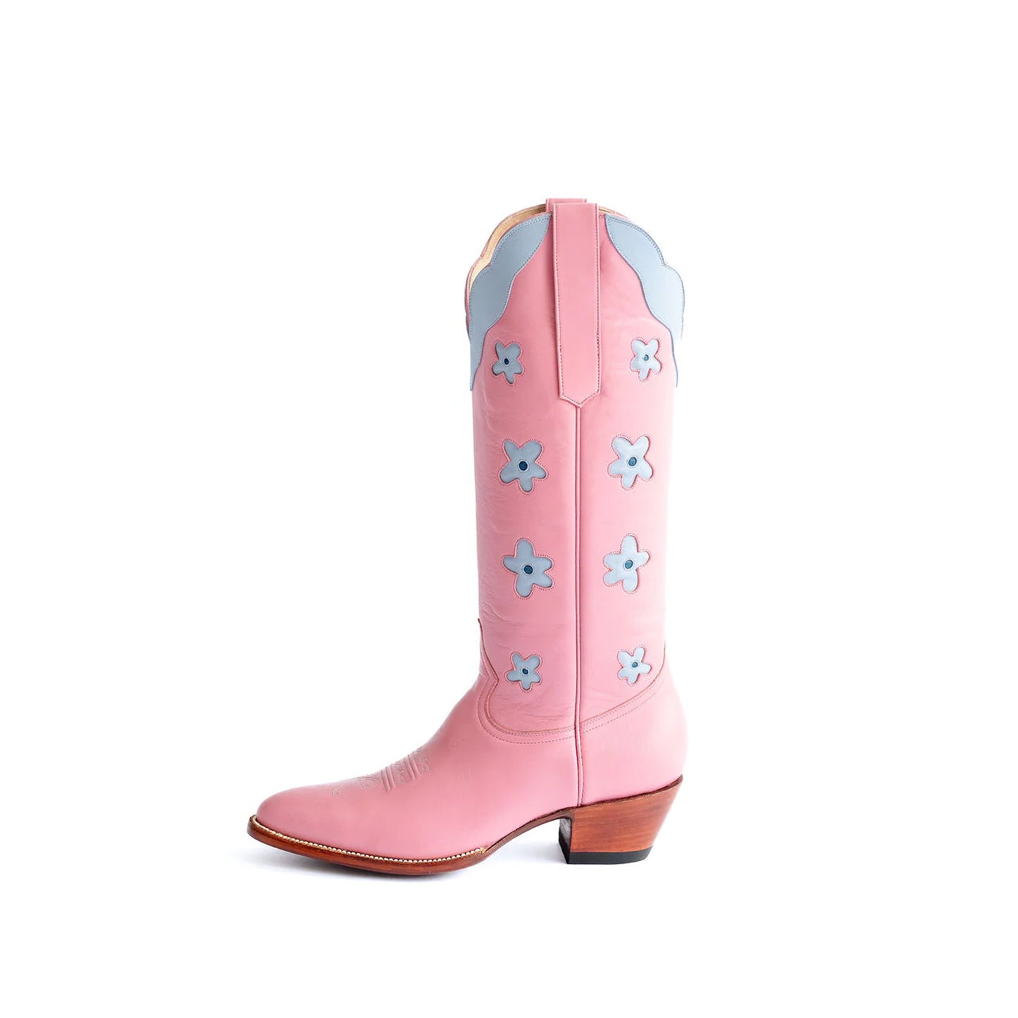 Pink Almond-Toe Powder Blue Flowers Inlay Wide Calf Knee High Cowgirl Boots