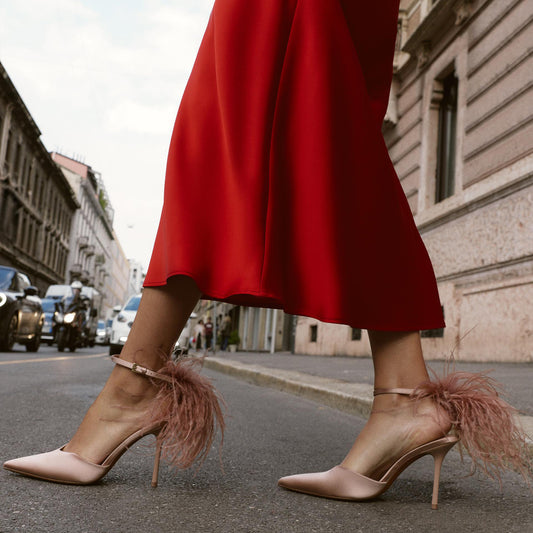 Beige Satin Pointed-Toe Ankle Strap Back Feather Stiletto High Heels