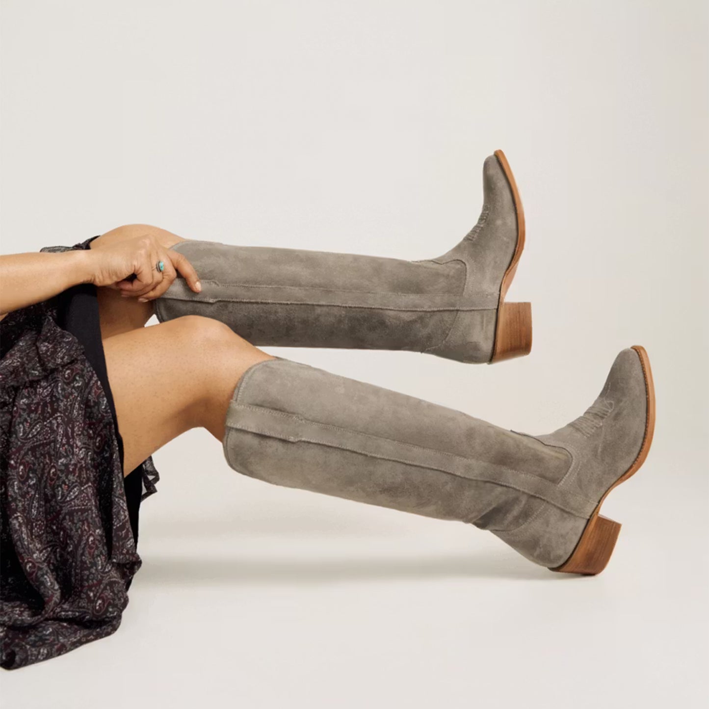 Charcoal Faux Suede Almond-Toe Embroidery Wide Calf Knee High Cowgirl Boots