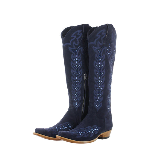 Dark Blue Faux Suede Snip-Toe Half-Zip Embroidery Knee High Cowgirl Boots