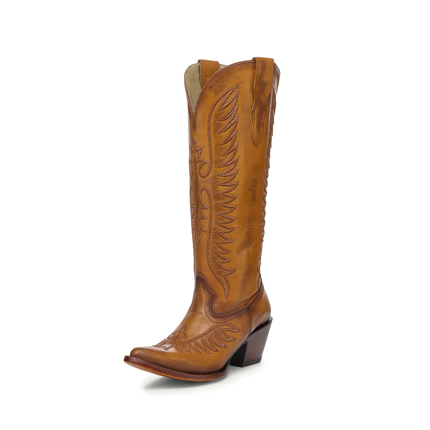 Tan Almond-Toe Embroidery Wide Calf Knee High Cowgirl Boots