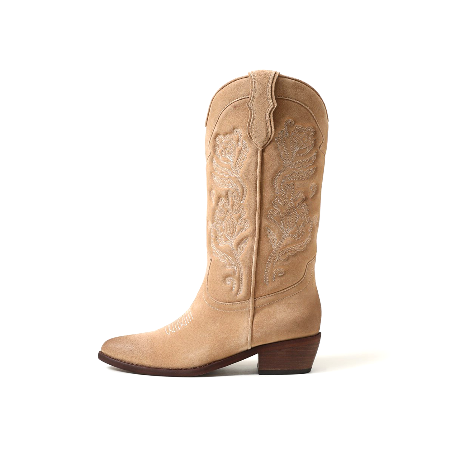 Tan Faux Suede Almond-Toe Flowers Embroidery Mid Calf Cowgirl Boots