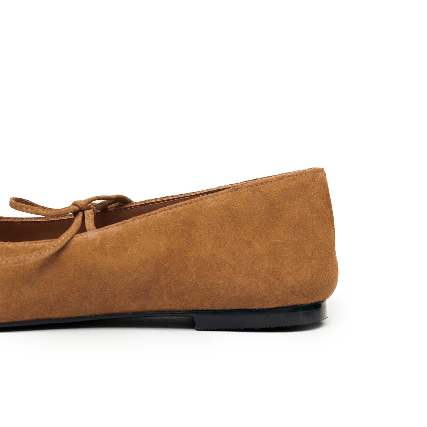 Tan Faux Suede Square-Toe V-Cut Vamps Bridge Self-Tie Bow Ballet Flats