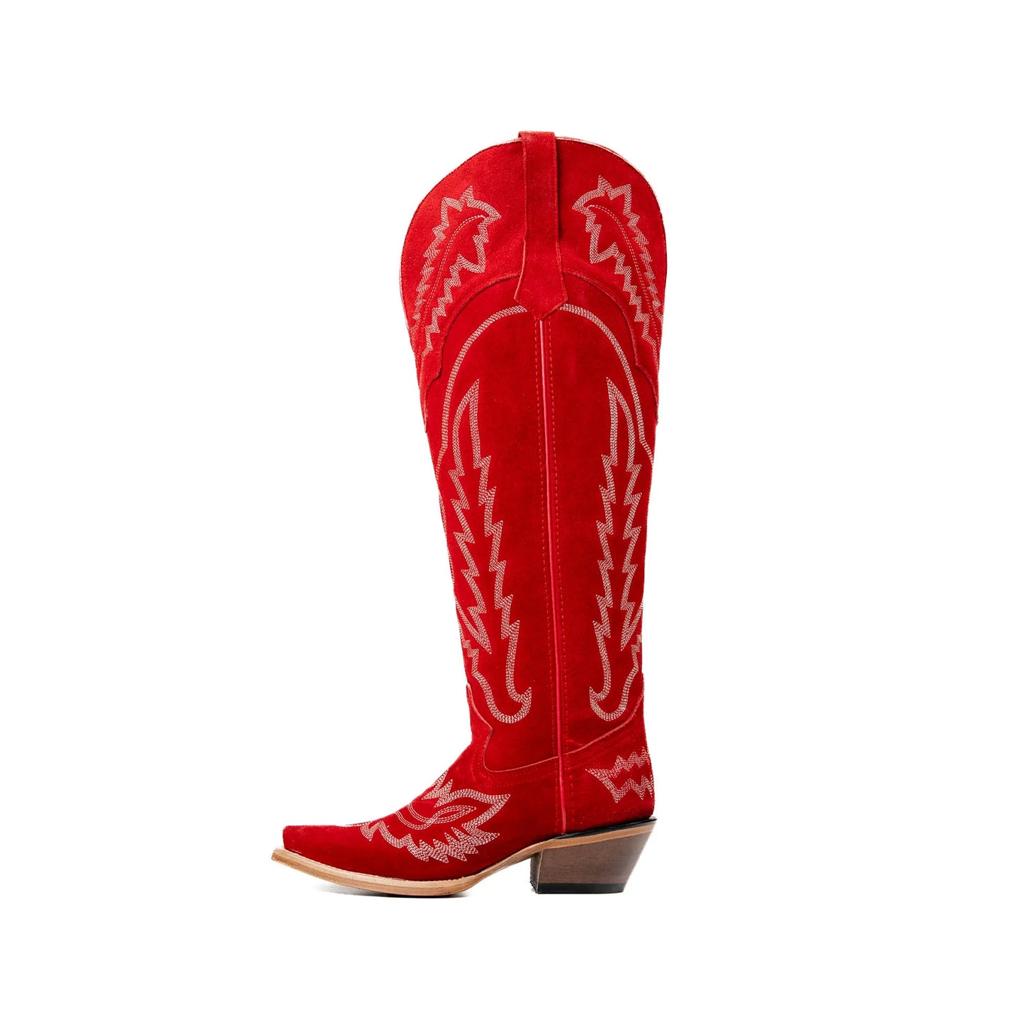 Red Faux Suede Snip-Toe Embroidery Half-Zip Knee High Cowgirl Boots