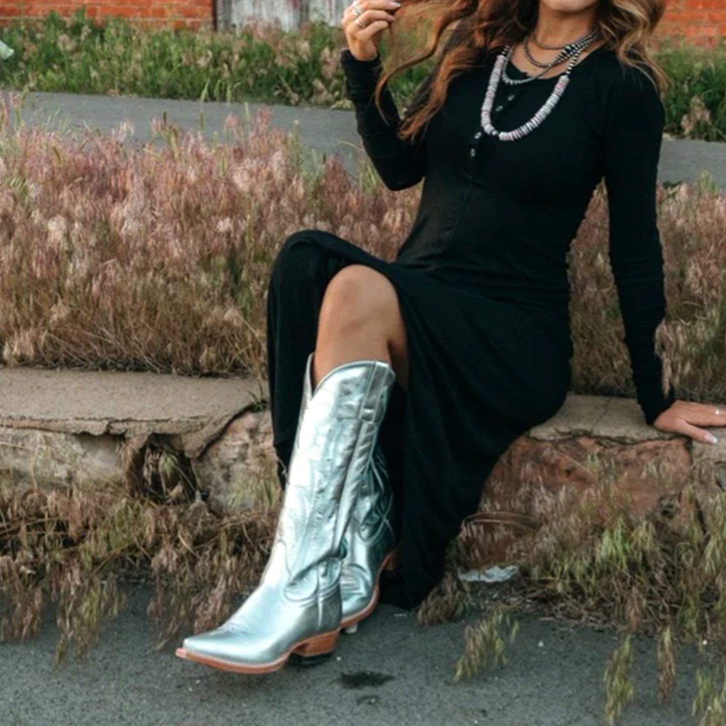 Metallic Silver Snip-Toe Embroidery Wide Calf Knee High Cowgirl Boots
