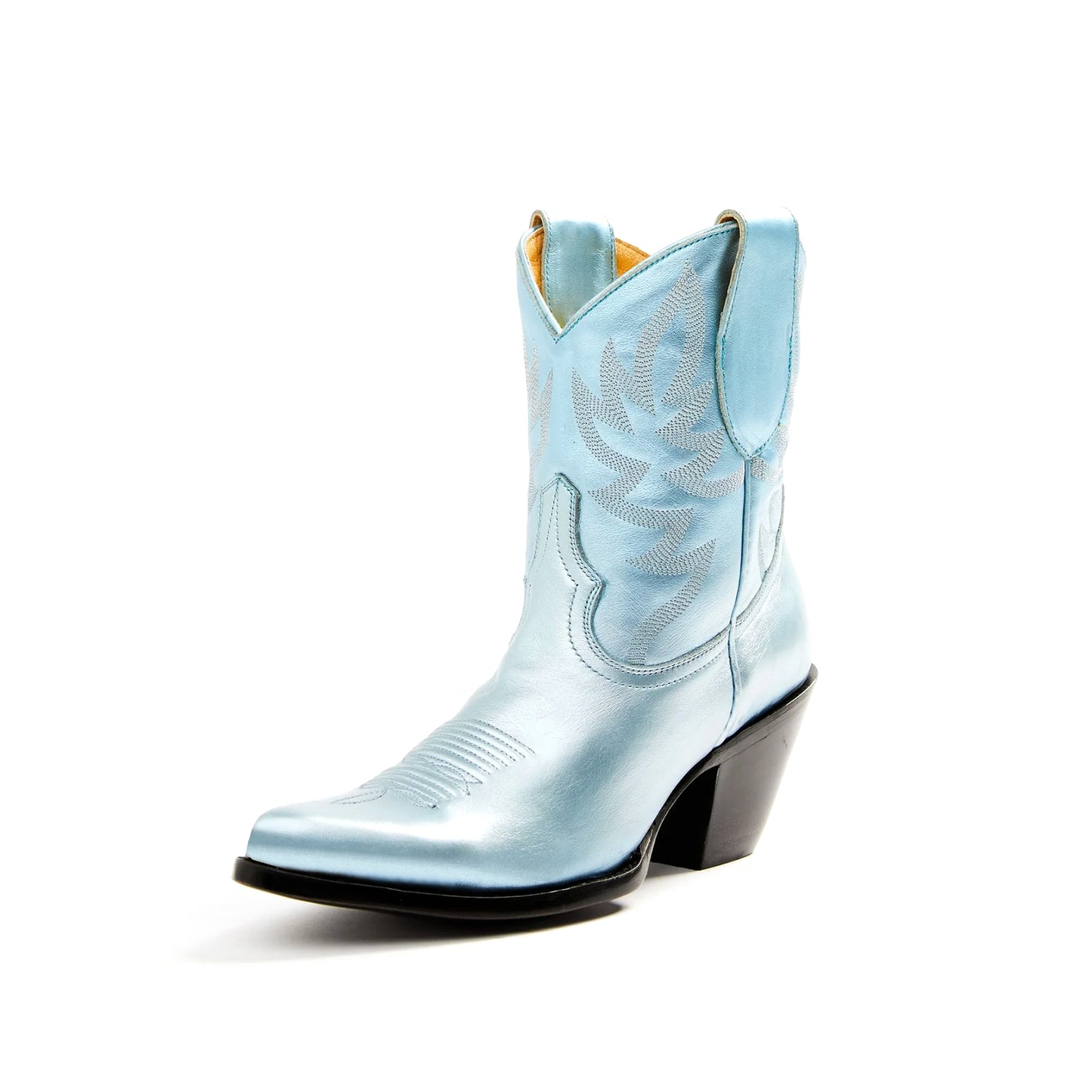 Metallic Blue Almond-Toe Embroidery Ankle Cowgirl Boots