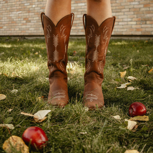 Cognac Round-Toe Embroidery Mid Calf Cowgirl Boots