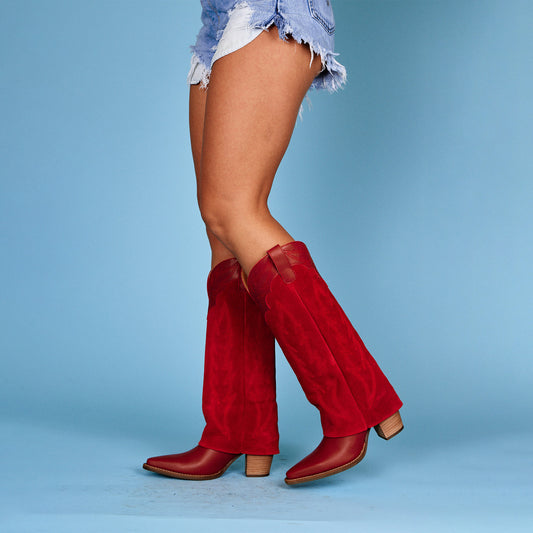 Red Snip-Toe Faux Suede Fold-Over Embroidery Wide Calf Knee High Cowgirl Boots