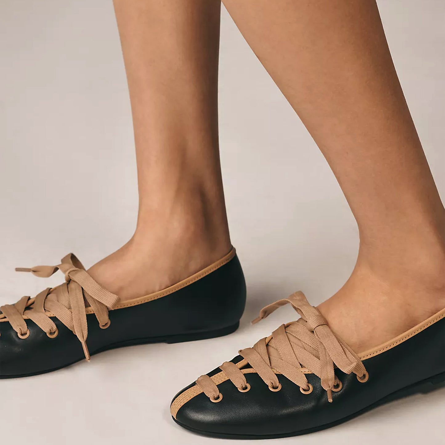 Black Round-Toe Brown Lace-Up Ballet Flats
