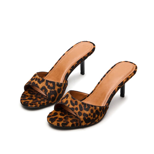 Leopard Pony Hair Round-Toe Slip-On Mule Kitten Heels