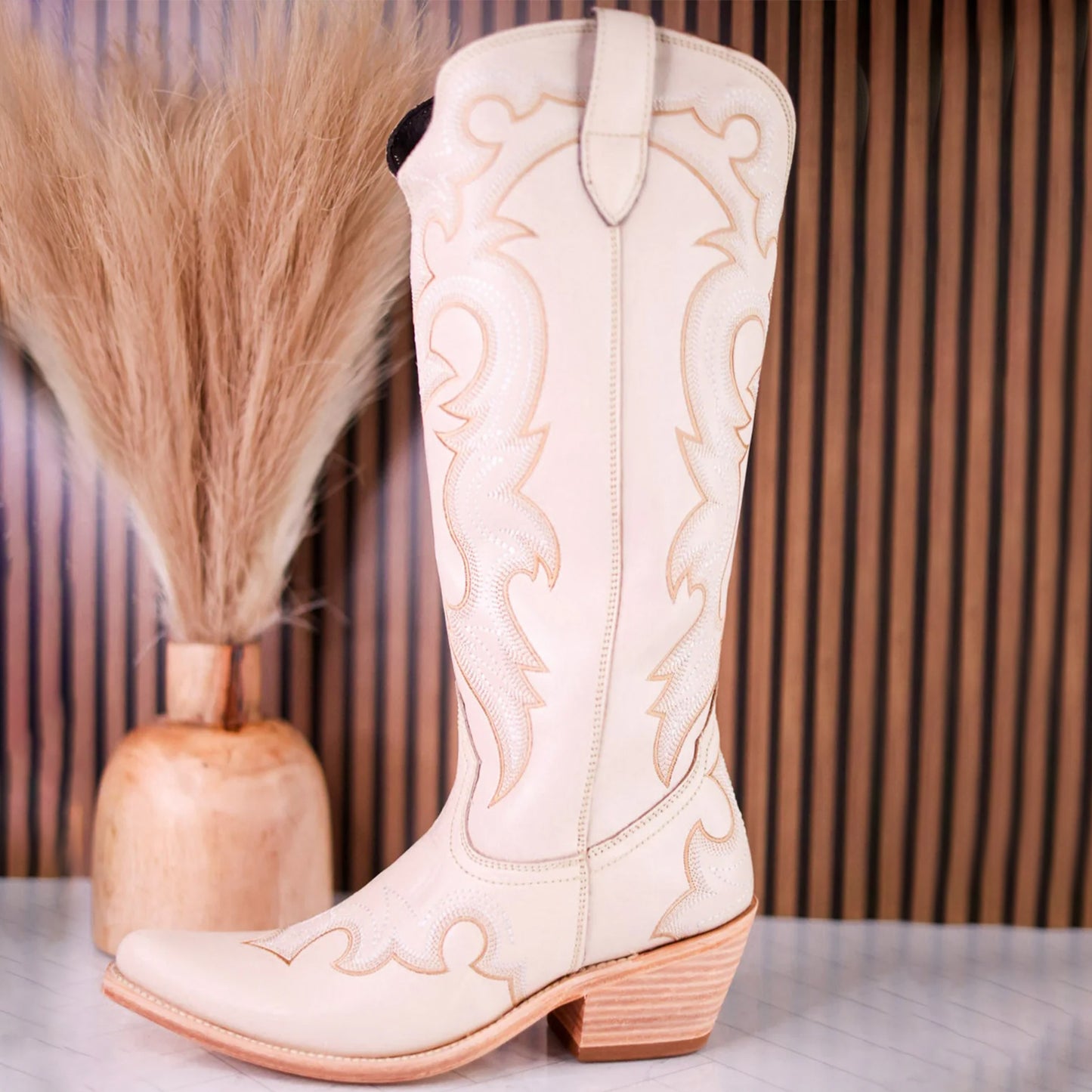 Bone Almond-Toe Embroidery Tall Wide Calf Knee High Cowgirl Boots
