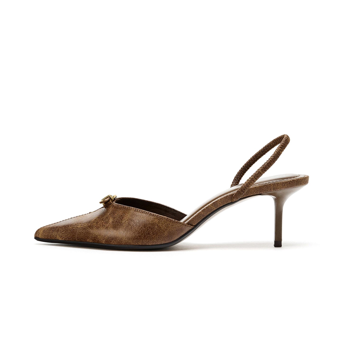 Distressed Brown Pointed-Toe Front Buckle Slingback Kitten Heels