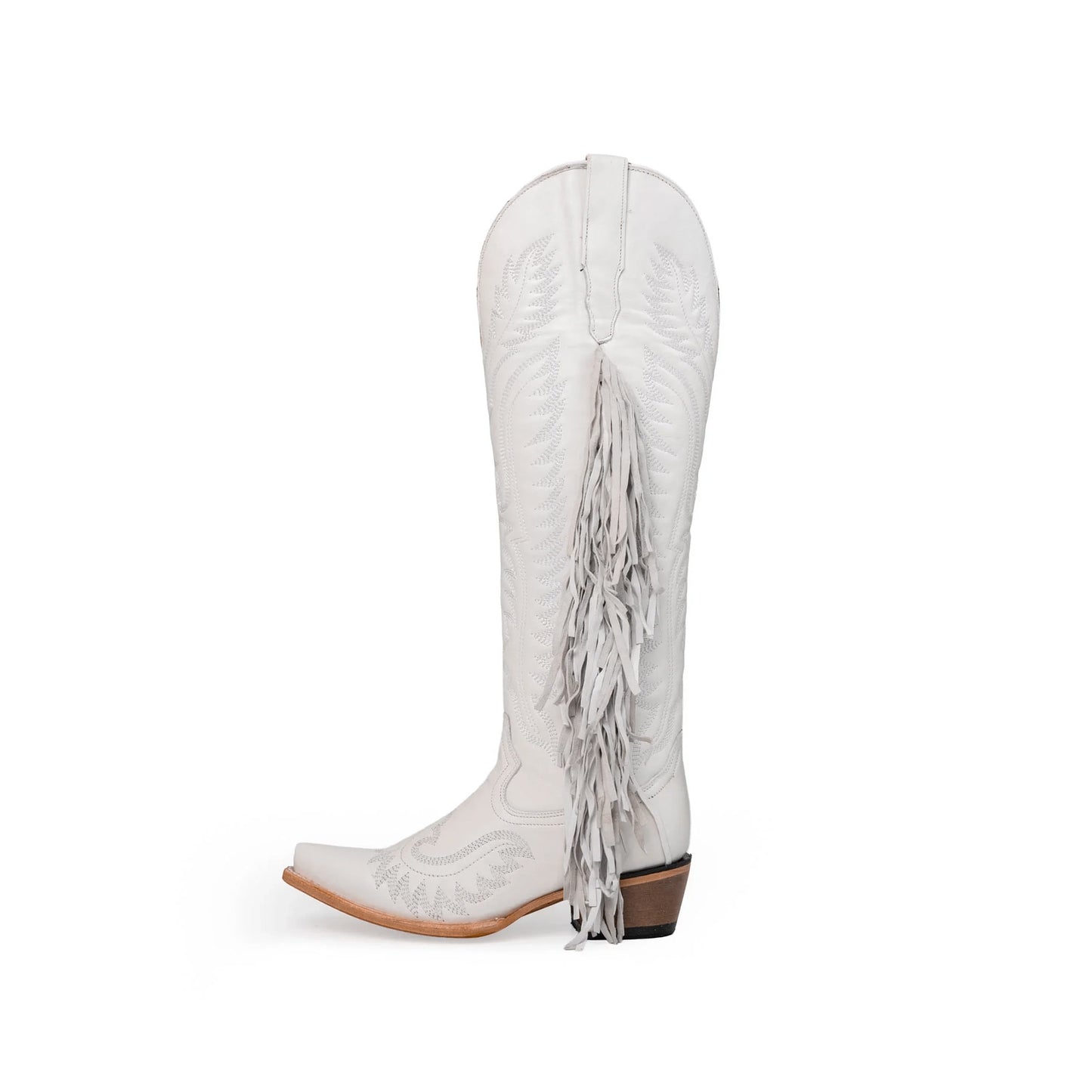 White Snip-Toe Embroidery Side Fringe Half-Zip Knee High Cowgirl Boots