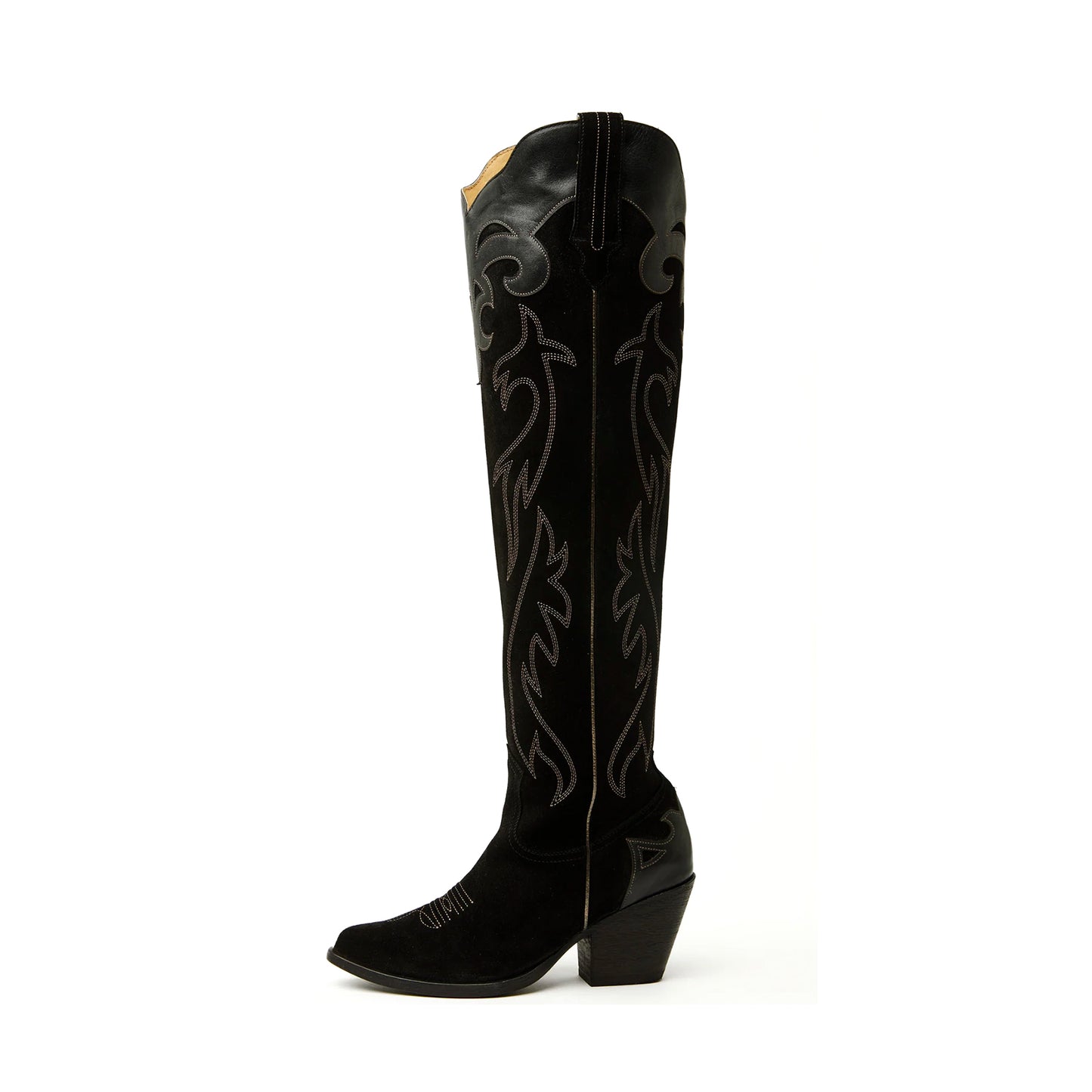 Black Faux Suede Round-Toe Half-Zip Embroidery Tall Knee High Cowgirl Boots