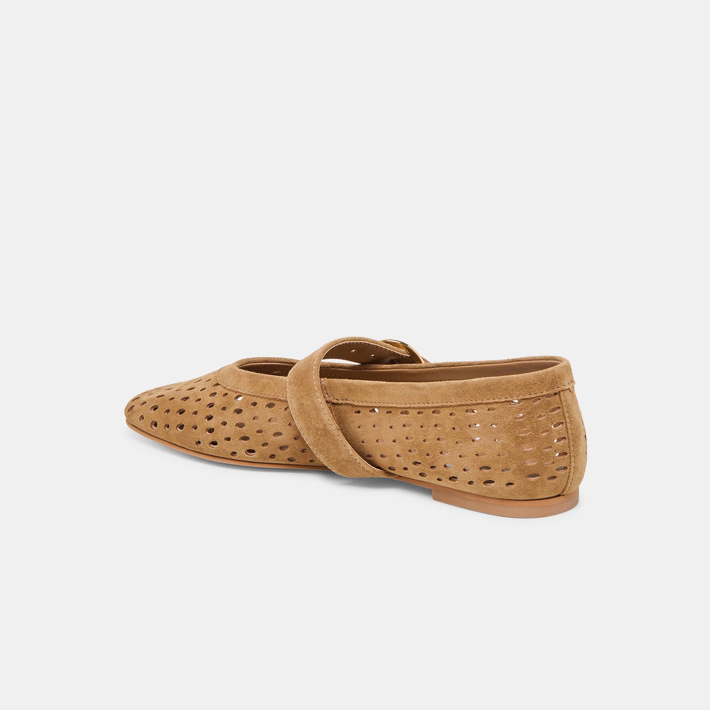 Brown Perforated Faux Suede Square-Toe Mary Janes Ballet Flats