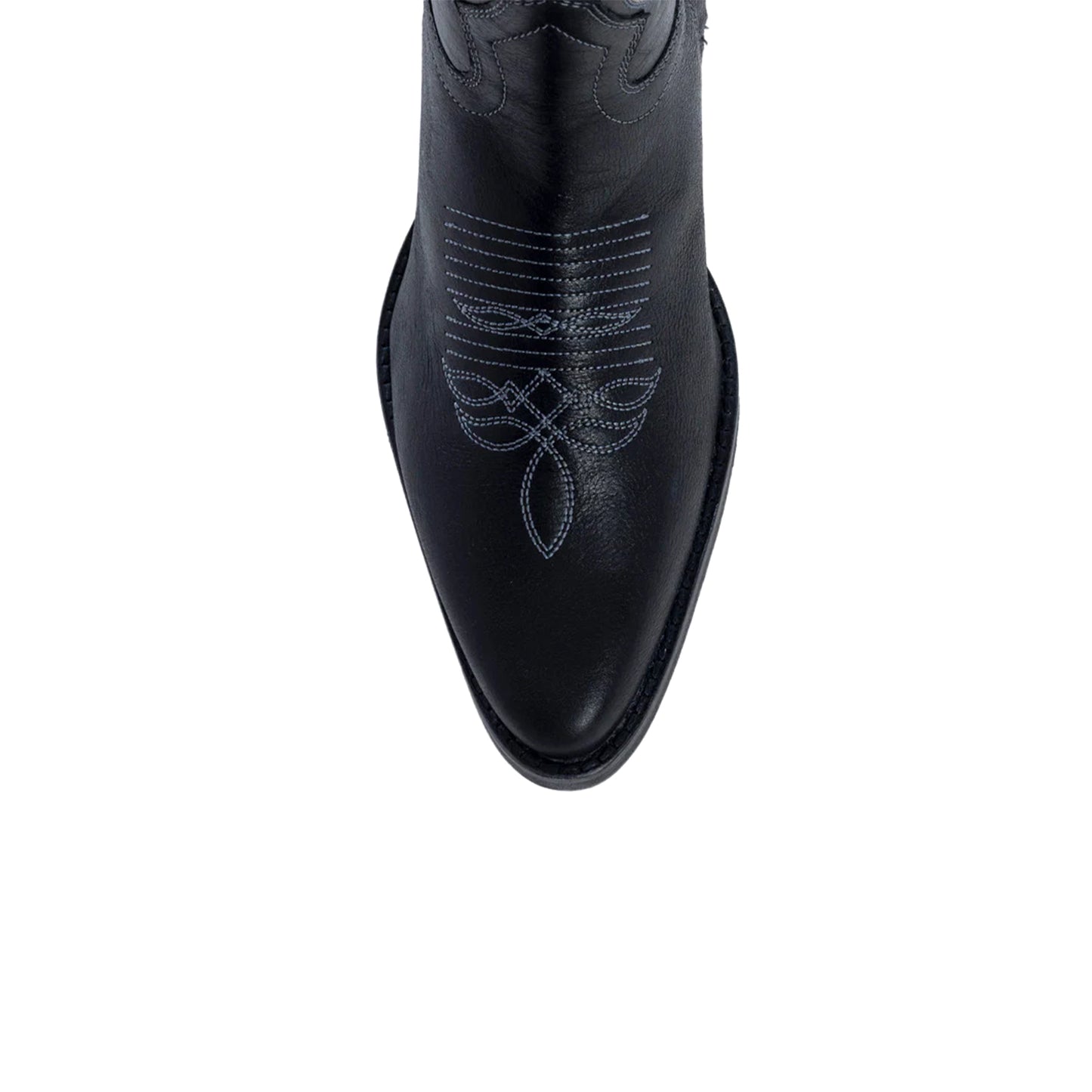 Black Almond-Toe Curled Embroidery Full-Zip Knee High Cowgirl Boots