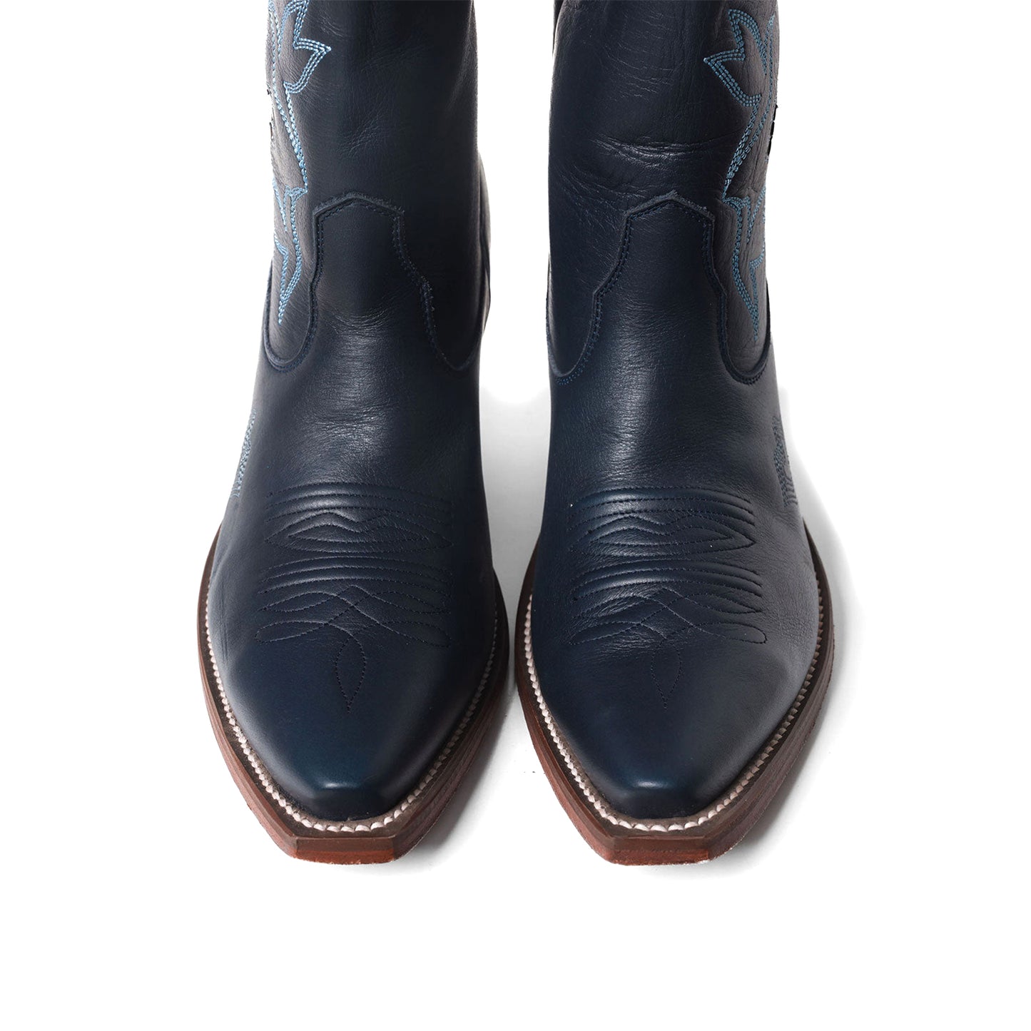 Navy Snip-Toe Birds Embroidery Flowers Inlay Wide Calf Knee High Cowgirl Boots