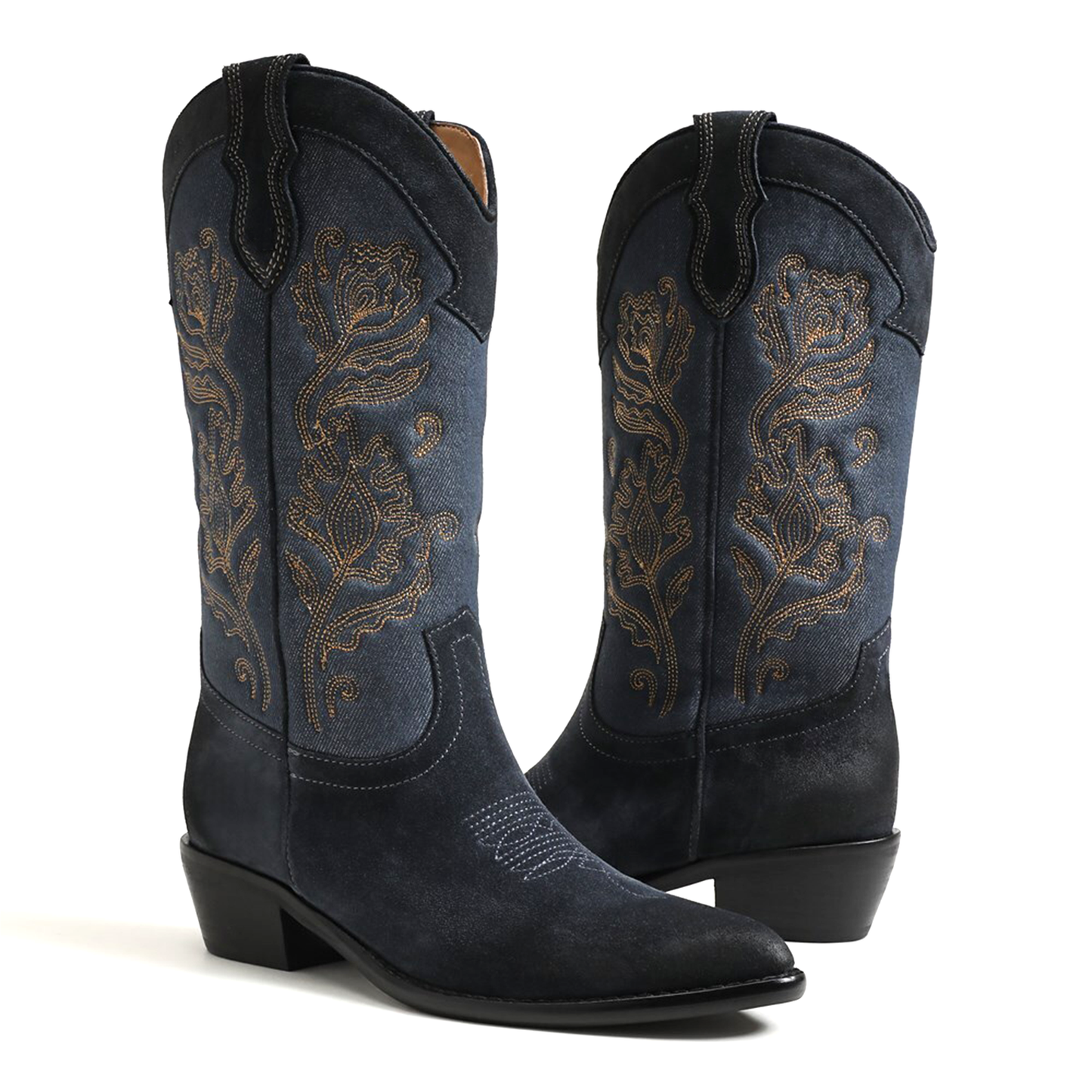 Blue Denim Almond-Toe Flowers Embroidery Mid Calf Cowgirl Boots
