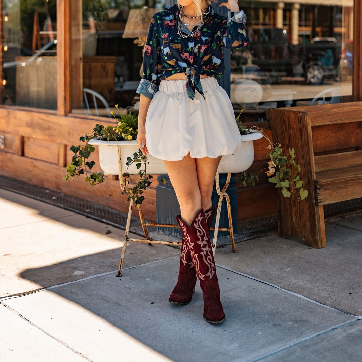 Burgundy Faux Suede Pointed-Toe Embroidery Full-Zip Knee High Cowgirl Boots