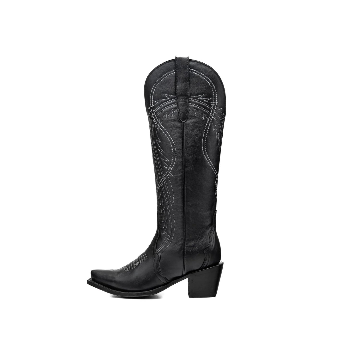 Black Snip-Toe Half-Zip Double Embroidery Knee High Cowgirl Boots