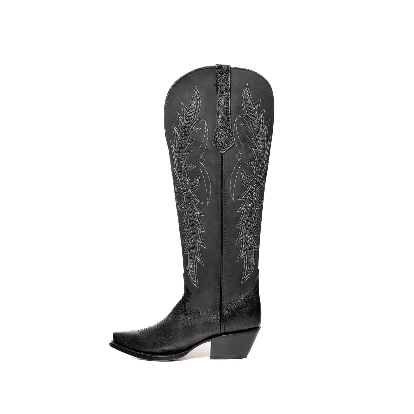 Black Snip-Toe Black Rhinestone Embroidery Half-Zip Knee High Cowgirl Boots