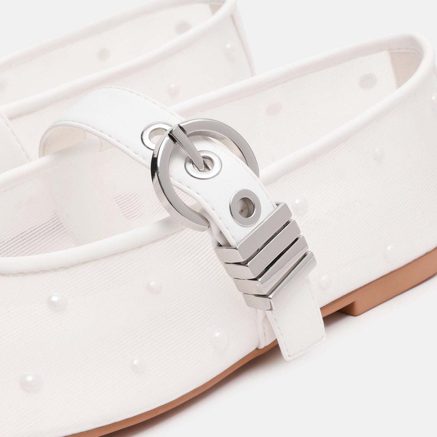 White Studded Mesh Square-Toe Bridge Strap Ballet Flats