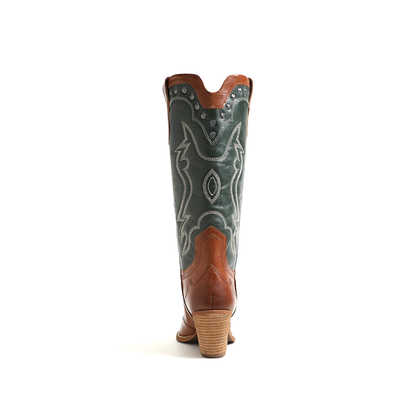 Contrast Green And Copper Pointed-Toe Embroidery Wide Calf Knee High Cowgirl Boots