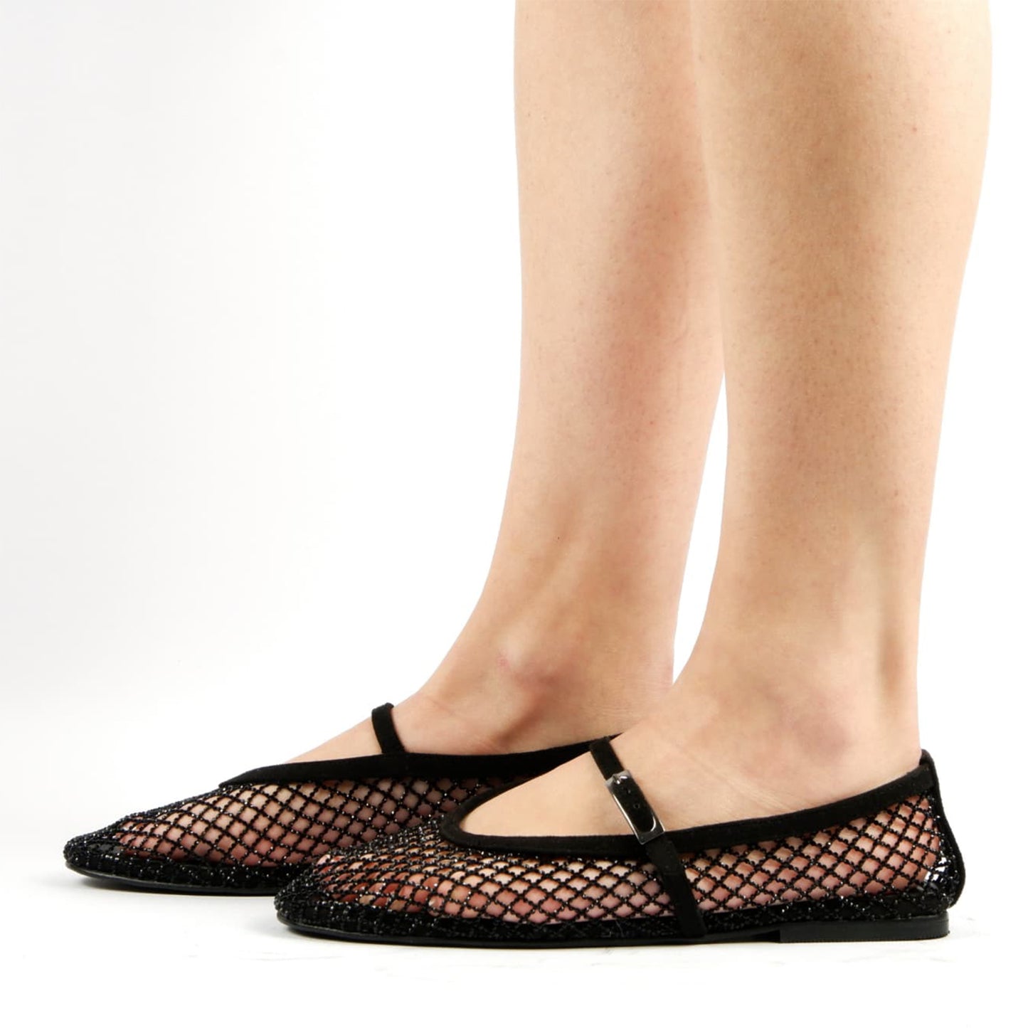 Black Mesh With Rhinestone Round-Toe Mary Jane Ballet Flats