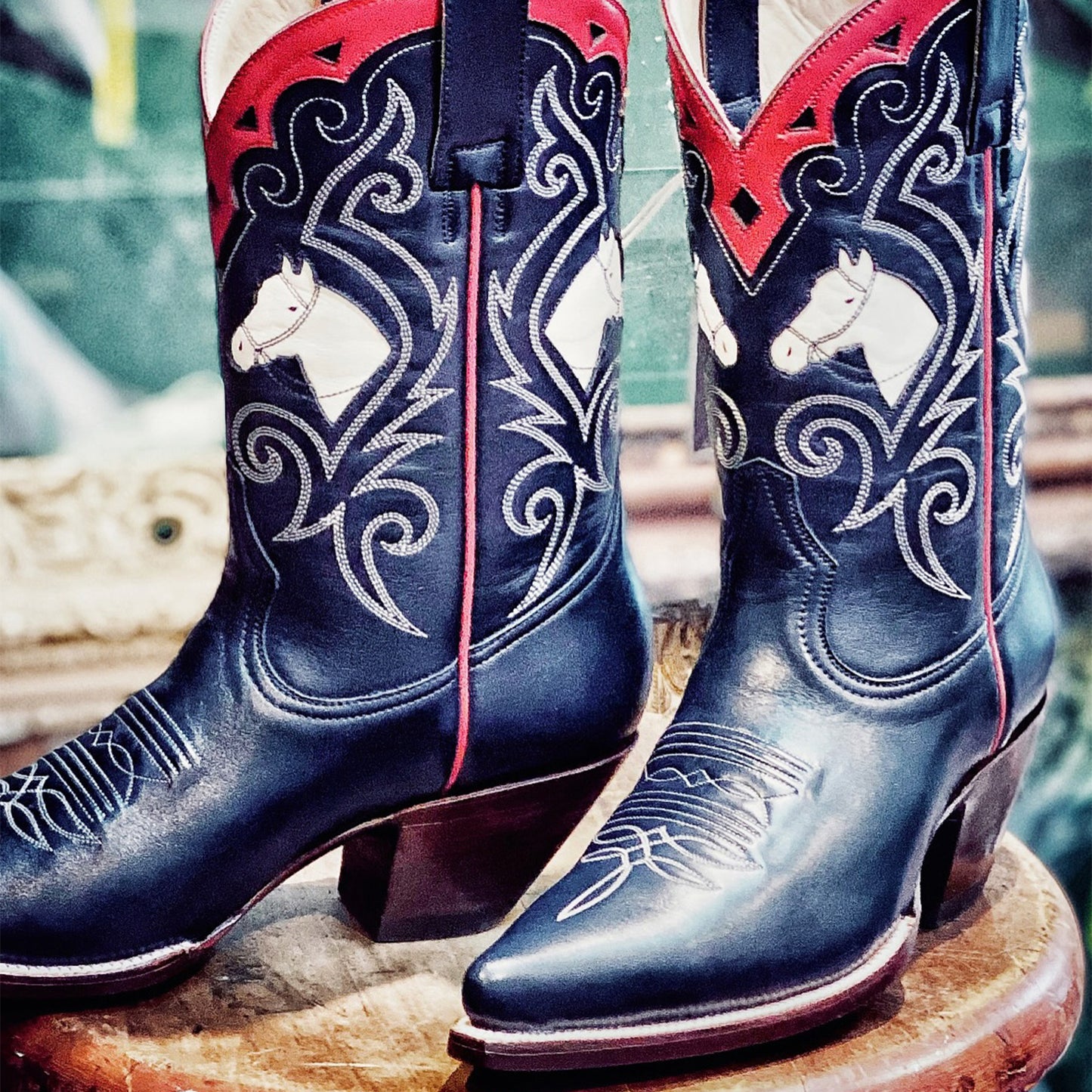 Navy Blue Pointed-Toe Embroidery Horses Inlay Ankle Cowgirl Boots