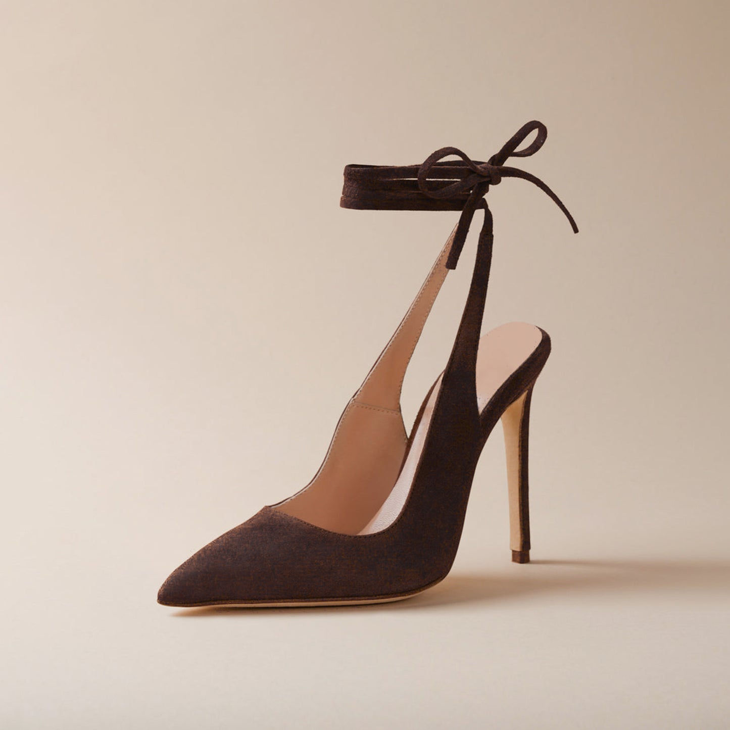 Black Faux Suede Pointed-Toe Slingback Ankle Laces High Heels