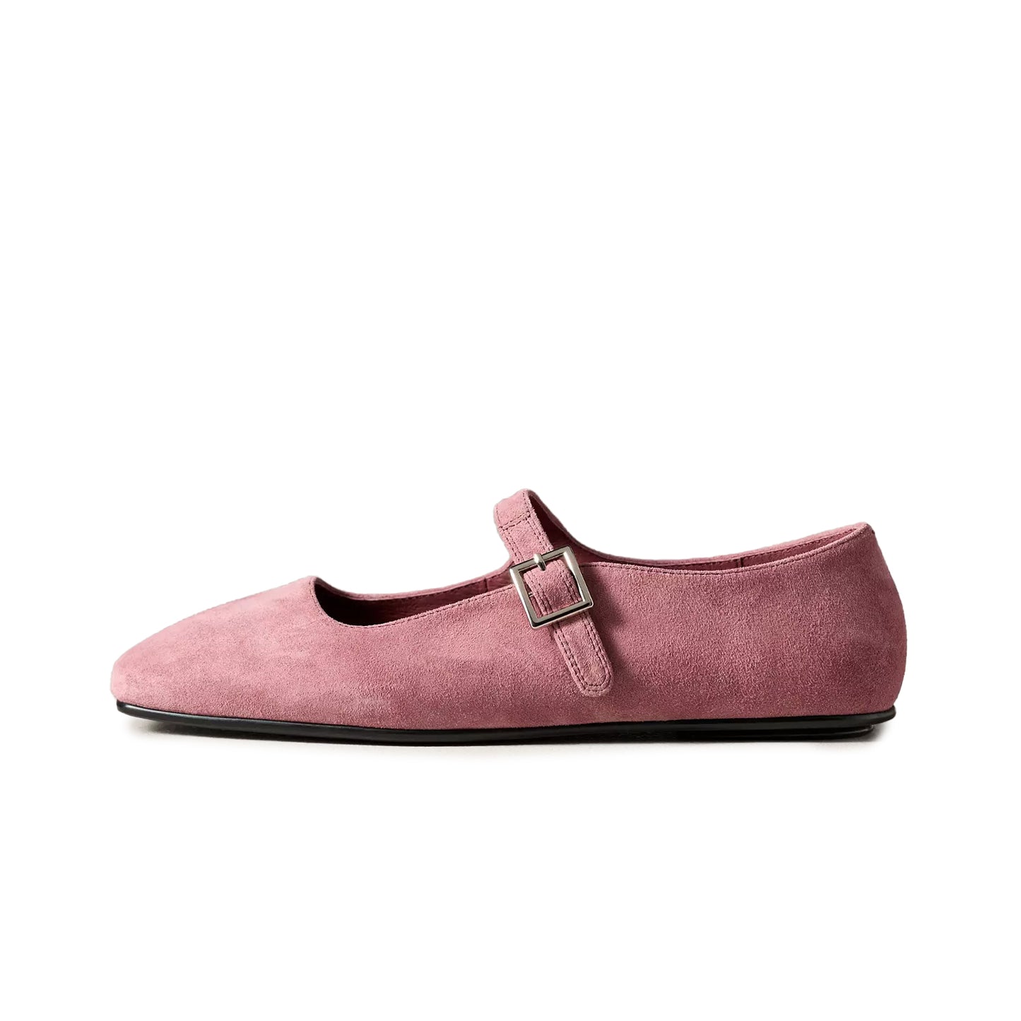 Rose Pink Faux Suede Square-Toe Bridge Strap Mary Janes Flats