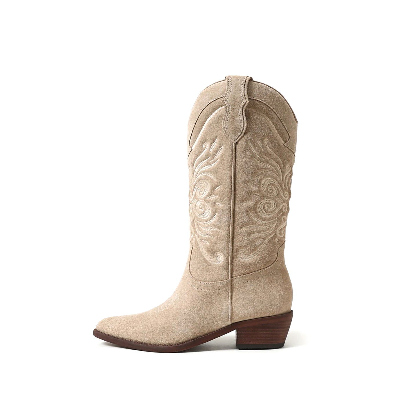 Bone Faux Suede Pointed-Toe Chic Embroidery Mid Calf Cowgirl Boots