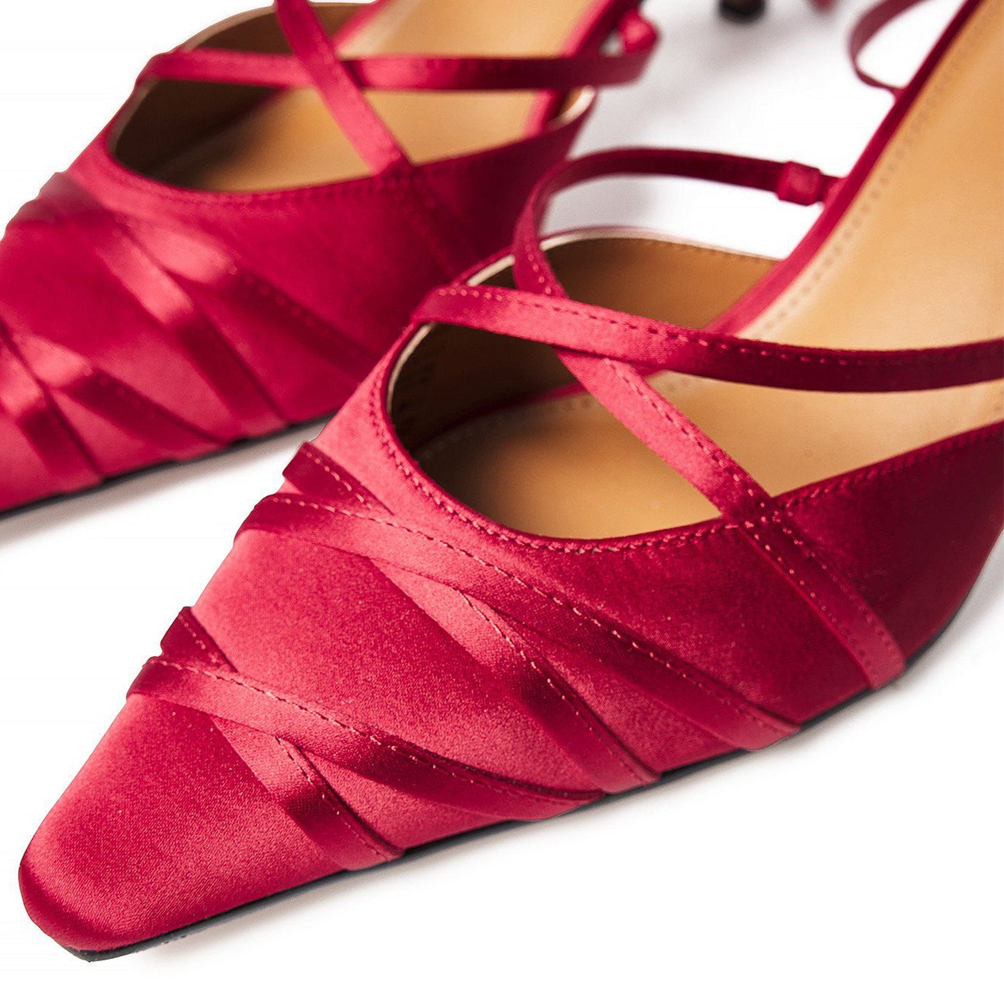 Red Satin Pointed-Toe Lace Up Detail Kitten Heels Pumps