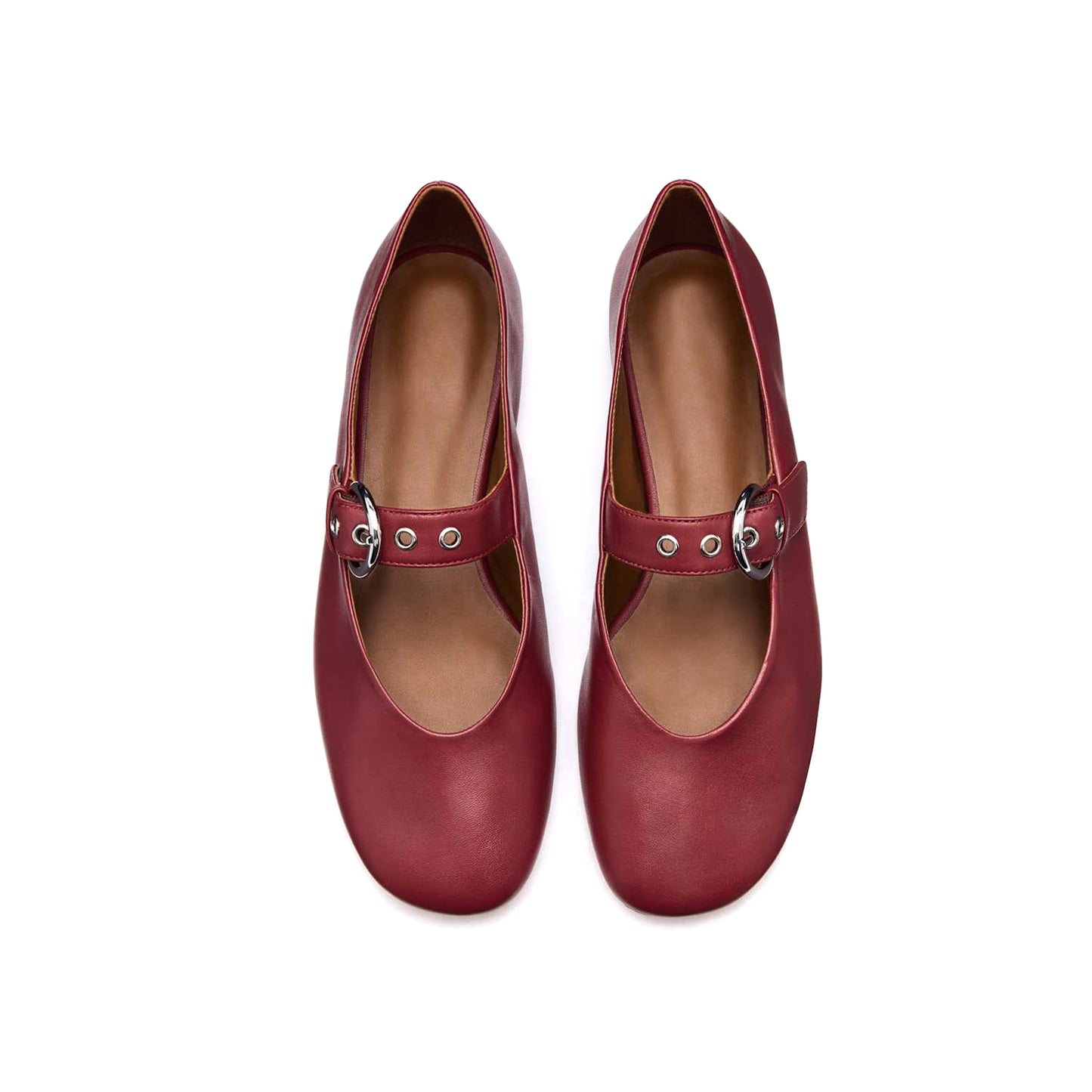 Brick Red Square-Toe Classic Buckle Bridge Strap Ballet Flats