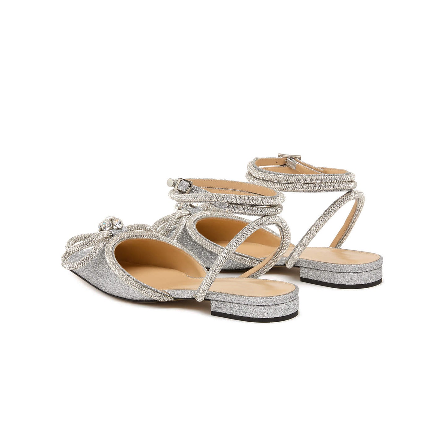 Silver Full Glitter Pointed-Toe Double Bow With Rhinestones Ankle Strap Flats