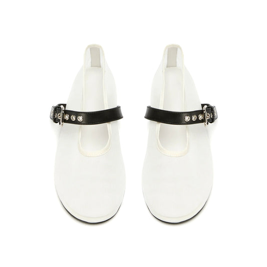 White Mesh Round-Toe Ballet Flats With Bridge Strap