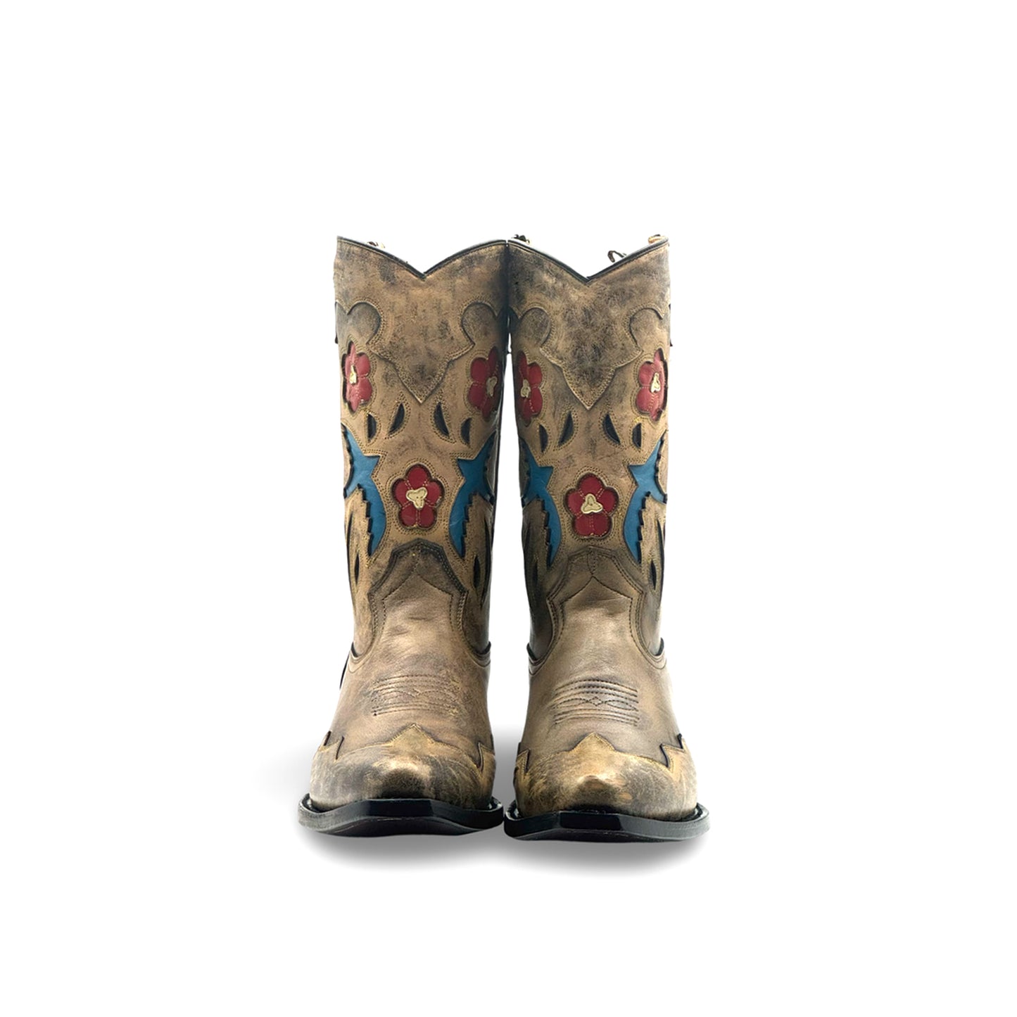 Distressed Tan Snip-Toe Bird And Flower Inlays Mid Calf Cowgirl Boots