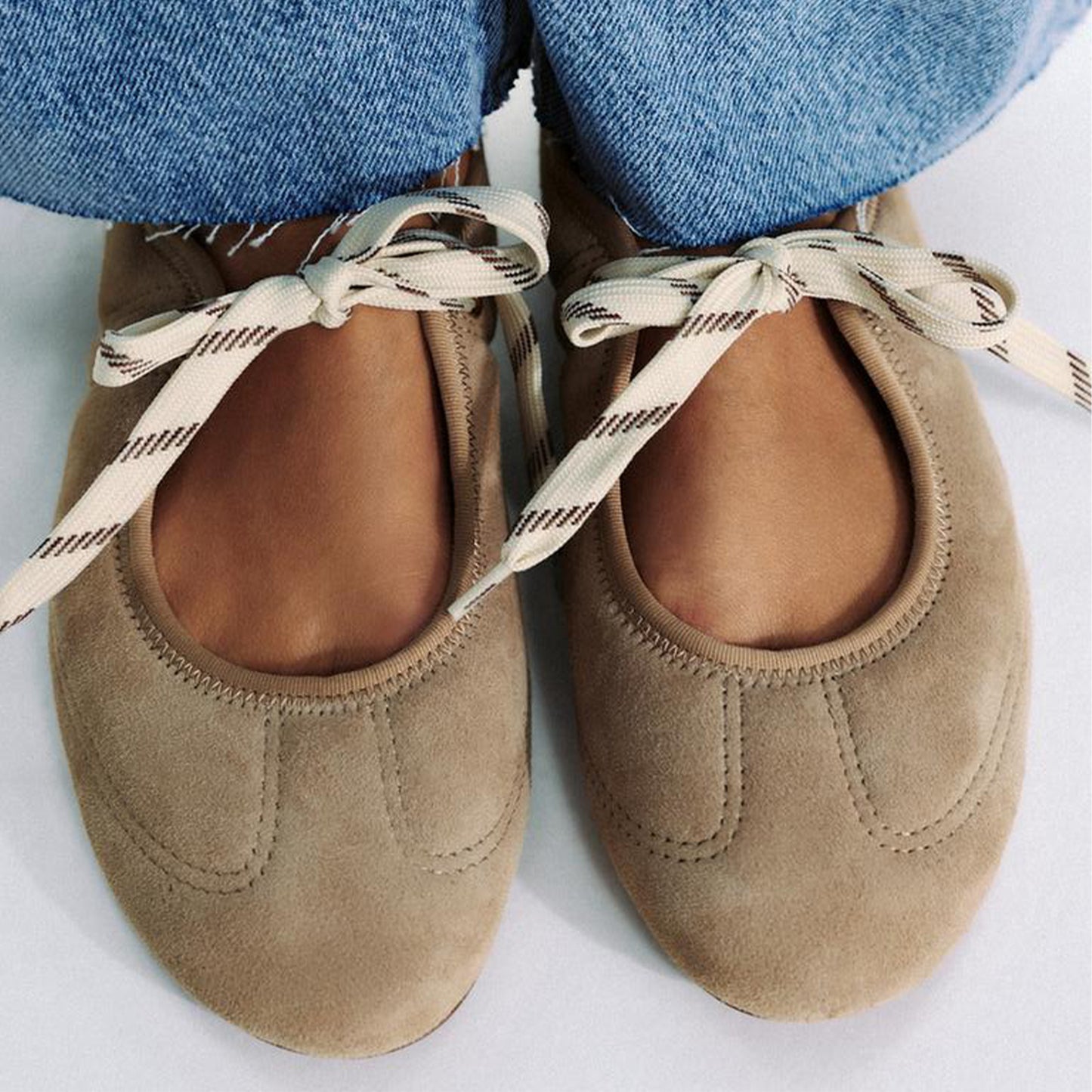 Sandy Brown Faux Suede Round-Toe Lace-up Closure Contrast Stitching Ballet Flats