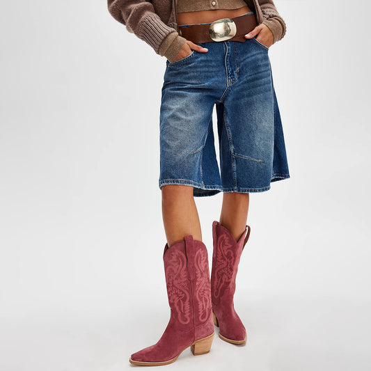 Pink Faux Suede Snip-Toe Classic Embroidery Mid Calf Cowgirl Boots