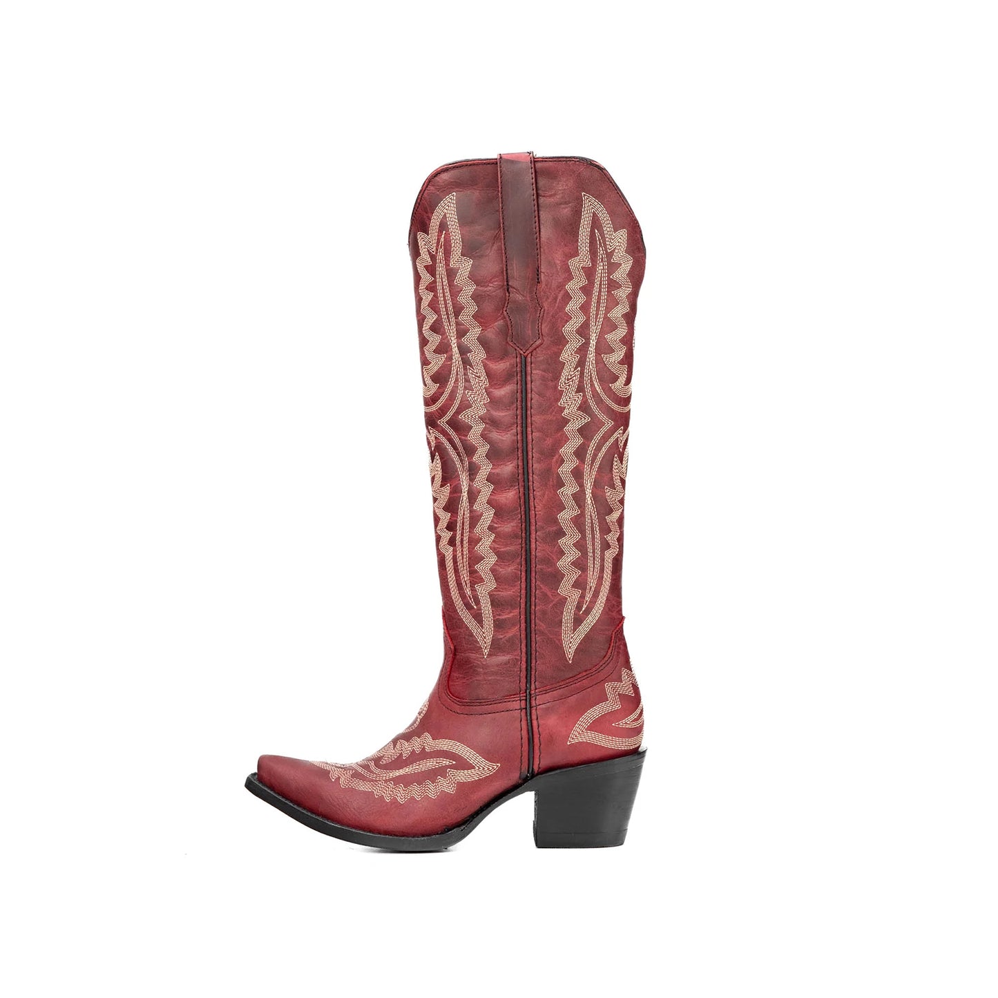 Wine Red Snip-Toe Embroidery Half-Zip Knee High Classic Cowgirl Boots
