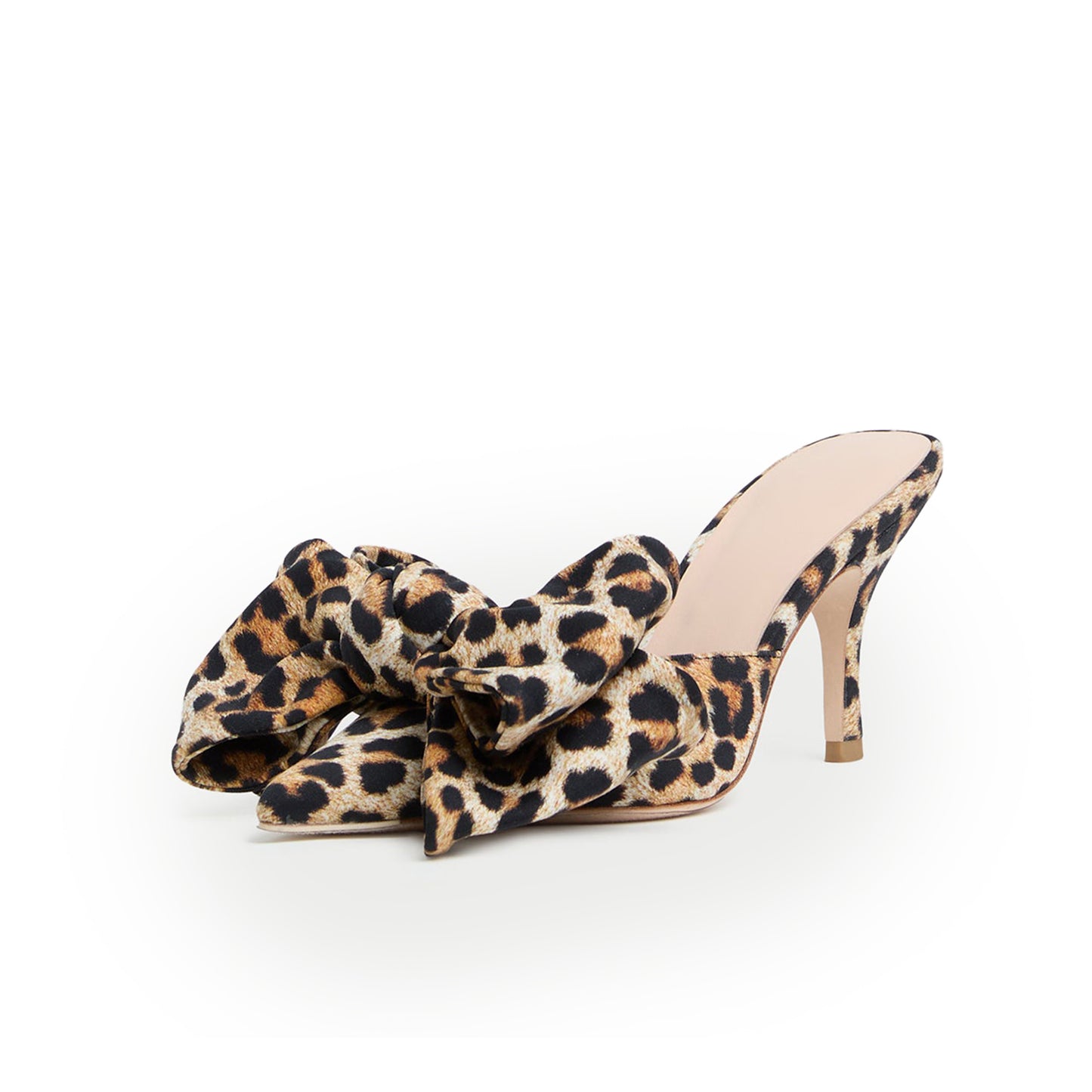 Leopard Satin Pointed-Toe Front Big Bow High Heels