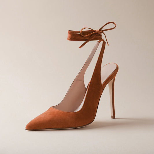 Red Faux Suede Pointed-Toe Slingback Ankle Laces High Heels