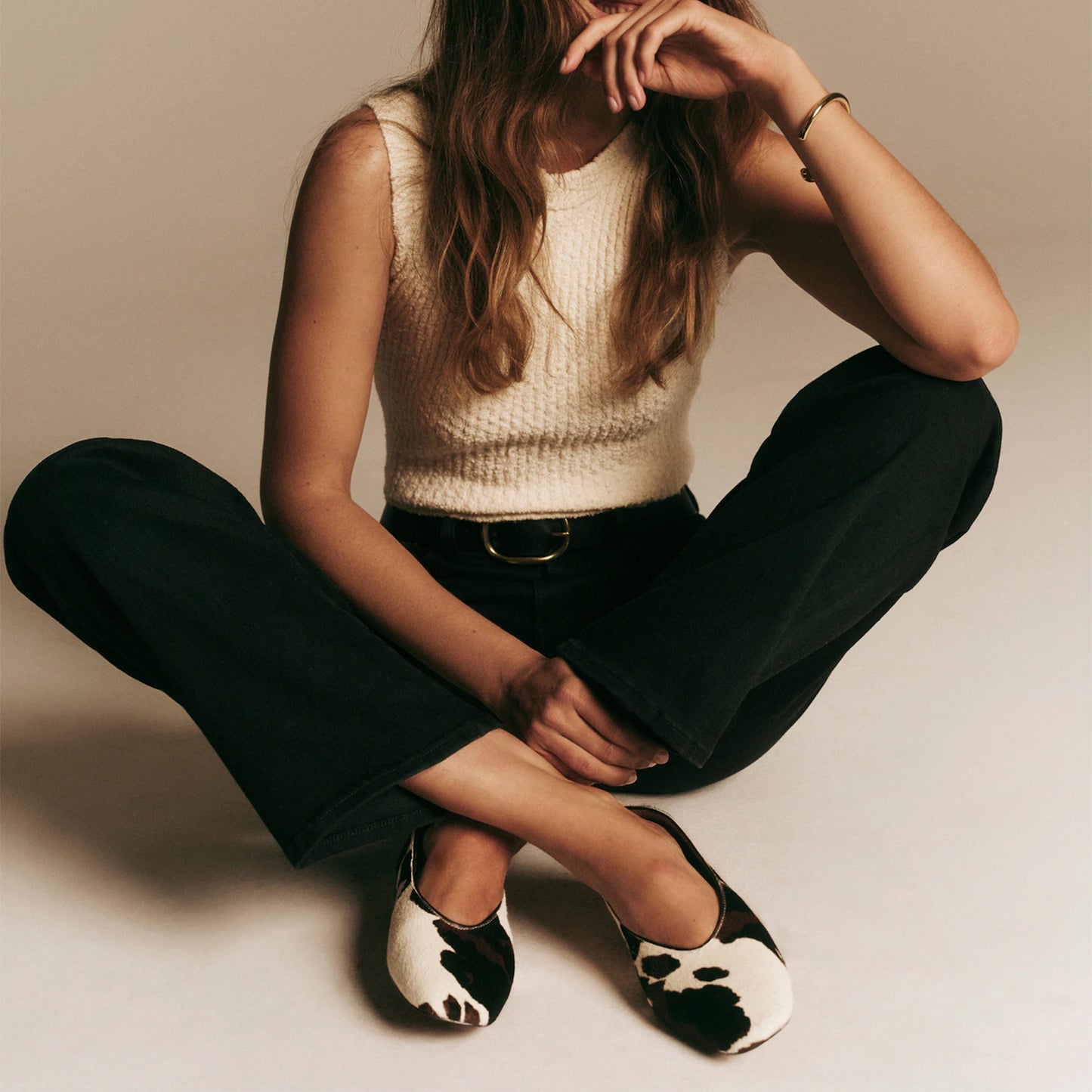 Cow Print Pony Hair Vegan Leather Square-Toe Ballet Flats