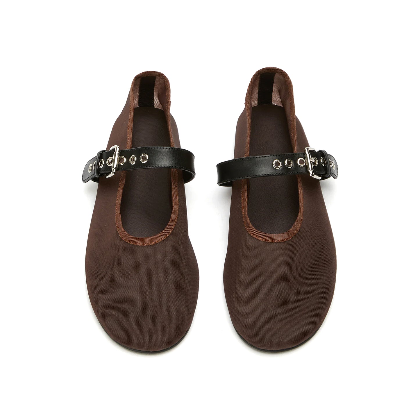Chocolate Mesh Round-Toe Ballet Flats With Bridge Strap