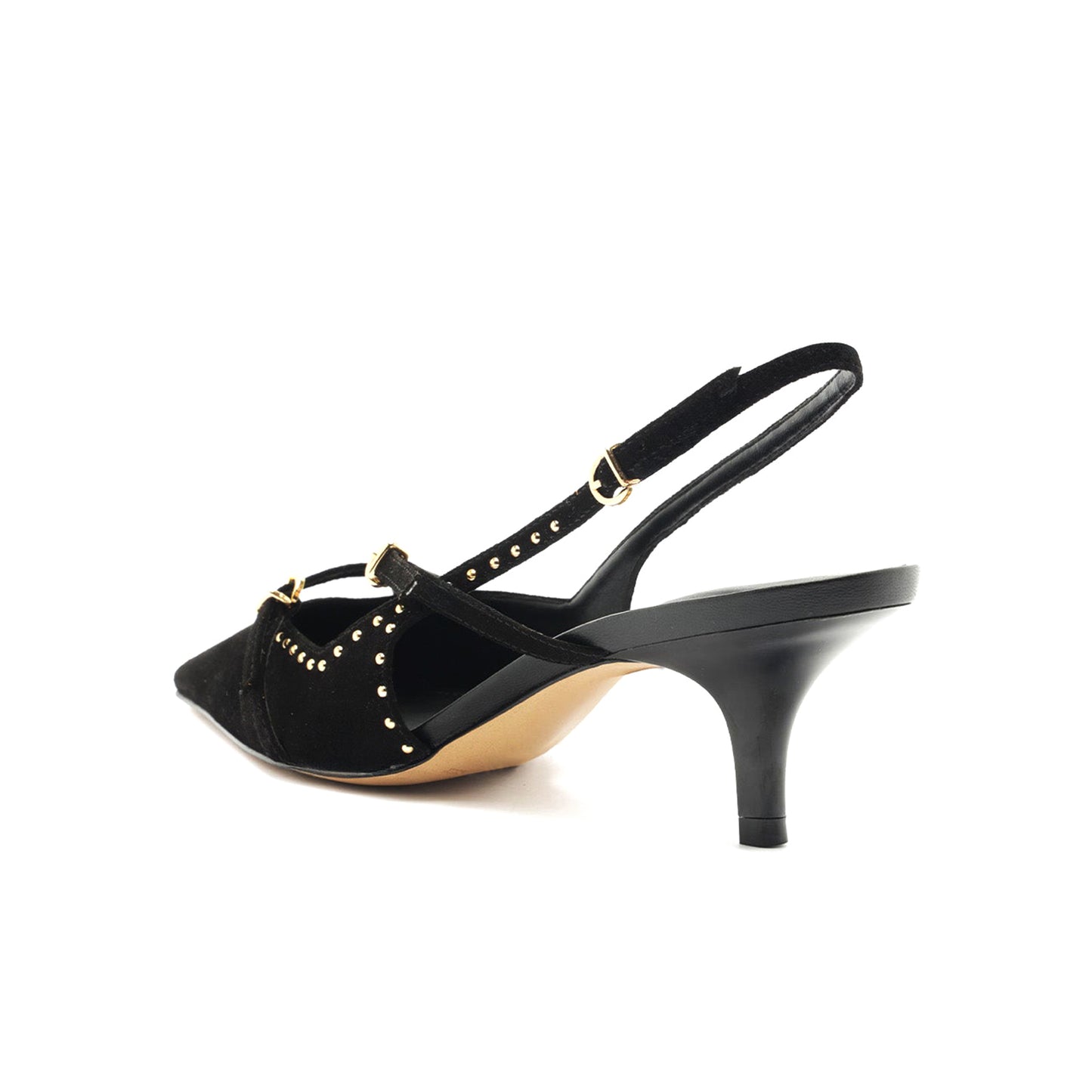 Black Faux Suede Pointed-Toe Studded Strappy Slingback Kitten Heels