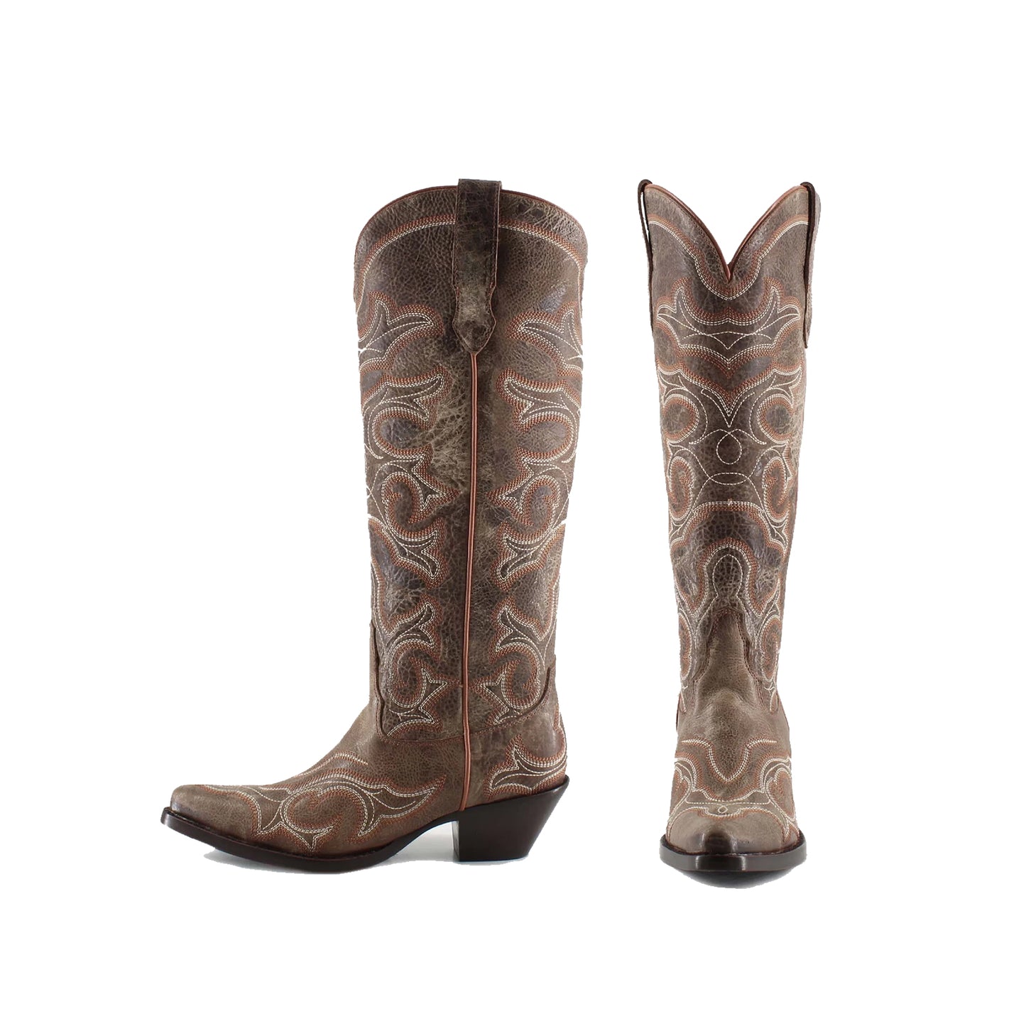 Distressed Brown Snip-Toe Wide Calf Embroidery Knee High Cowgirl Boots